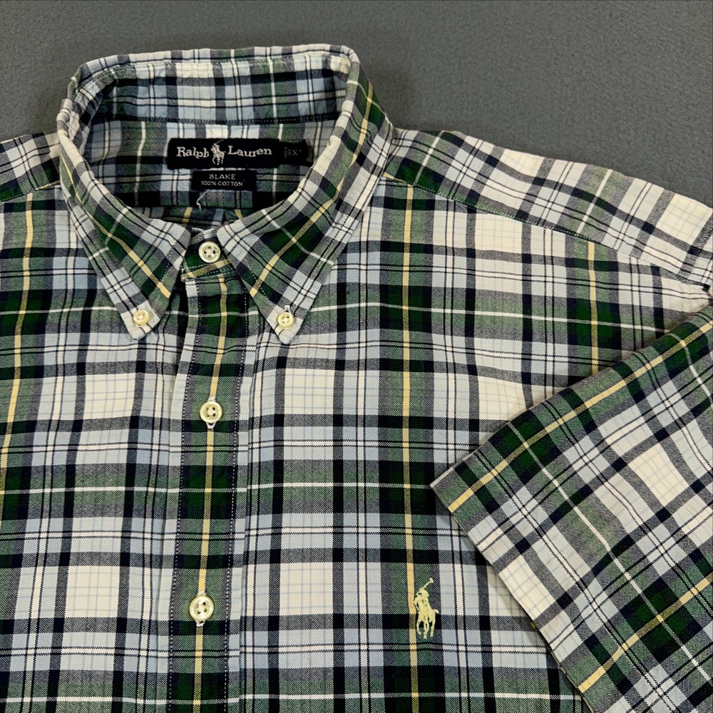 Ralph Lauren Blake Mens XL Plaid Short Sleeve Button Down Shirt Green Navy
